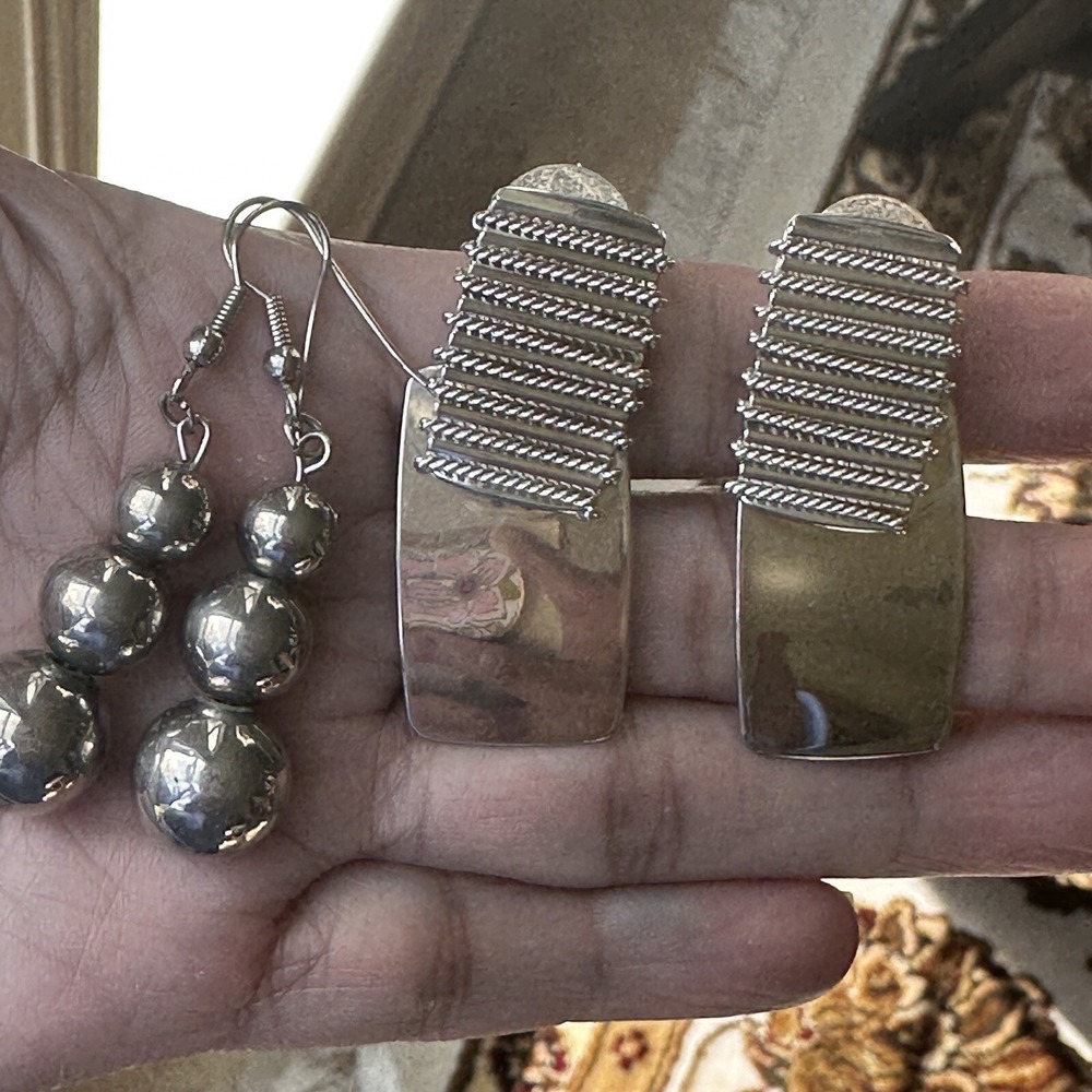 Vintage 2 Pairs Earrings Stud Hooks 1.75-2 Inch Dangle Bead Southwest Silvertone